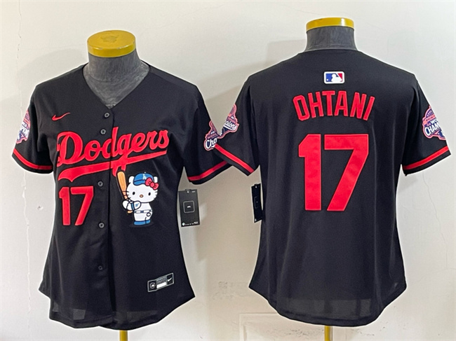 Youth Los Angeles Dodgers #17 Shohei Ohtani Black Hello Kitty Night 2025 World Series Champions Patch Stitched Baseball Jersey Youth Los Angeles Dodgers #17 Shohei Ohtani Black Hello Kitty Night 2025 World Series Champions Patch Stitched Baseball Jersey